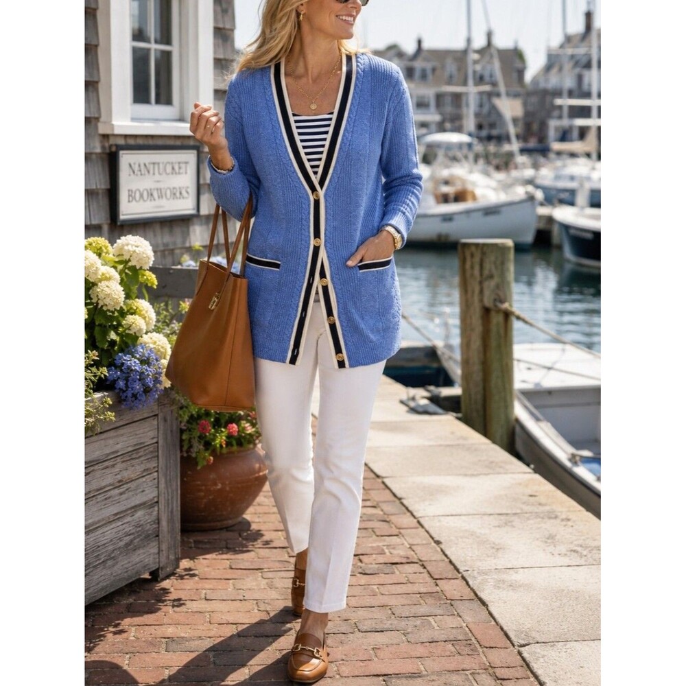 Talbots Iris Blue Cable Knit Tipped Girlfriend Cardigan Sweater L 4 Button